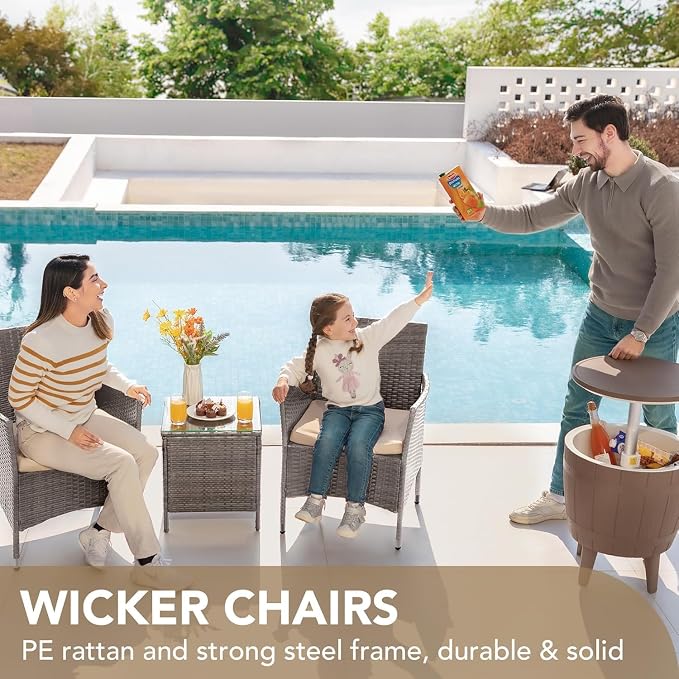 Garvee Patio Conversation Set 3 Piece, Brown Wicker Rattan Outdoor Furniture Set with Cushioned Chairs and Glass Top Coffee Table for Small Patio, Porch, Balcony, Backyard