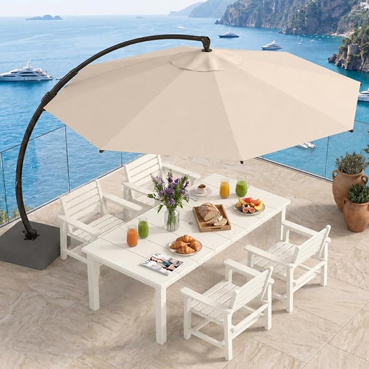 5-Piece Outdoor Dining Set with 11FT Umbrella for 4,White | 75.2'' HDPE table, chairs included, weather-resistant furniture with hole, ideal for lawn, poolside, yard, garden, deck