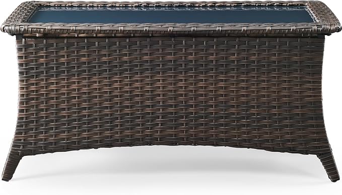 Patio Coffee Table for Outdoor Furniture Set - Easily Clean Wicker Side Tables with Smooth Black Tempered Glass Tabletop for Outside Wicker Rocking Swivel Chairs in Porch Deck Yard - Brown