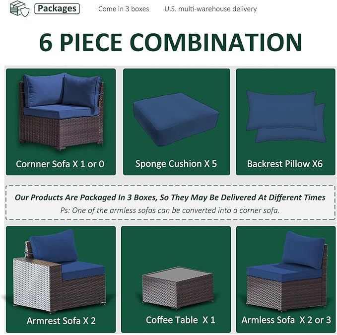 8 PCS Outdoor Patio Furniture Set,Outdoor Sectional Furniture All Weather PE Rattan Wicker Patio Conversation Set with 2 Ottomans and Coffee Table,Navy Blue