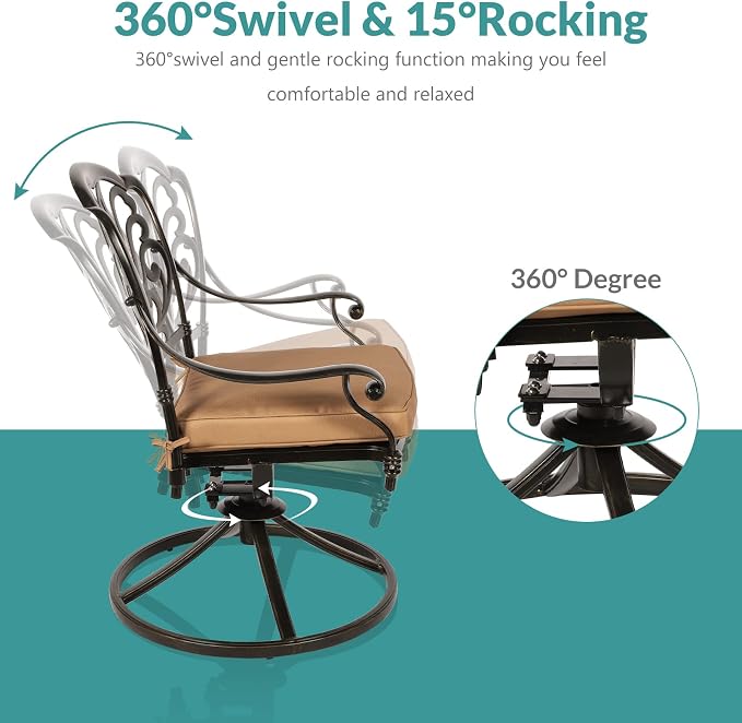 MEETWARM 3-Piece Outdoor Patio Dining Set, All-Weather Cast Aluminum Patio Conversation Set - 2 Cushions Swivel Rocker Chairs and 35.4" Round Table for Backyard Garden Deck, 2.2" Umbrella Hole