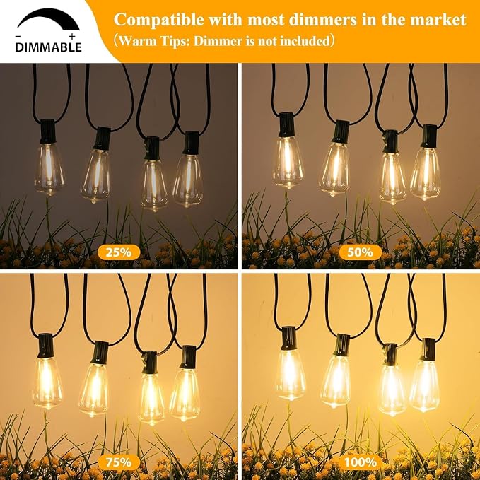 Brightever LED Outdoor String Lights 100FT with 52 Shatterproof ST38 Vintage Edison Bulbs, Outside Hanging Lights Waterproof for Patio, Porch, Deck, Garden, Backyard, Balcony, Green Wire