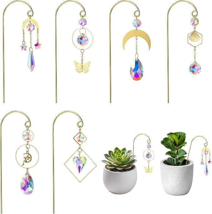 6pcs Crystal Suncatchers with Gold Small Trellis for Mini Potted Plants | Indoor Plant Accessories,7'' Garden Stakes Sun Catchers For Home Whimsical Decor,Christmas Gift for Gardening Enthusiasts