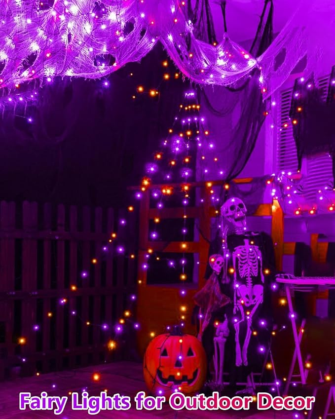 4Pack 60LED Fairy Lights Battery Operated Orange and Purple Halloween Decor | 20 FT, Halloween Lights with Timer, Cuttable Copper Wire, Waterproof Battery String Lights for Indoor Outdoor, Bedroom, Home