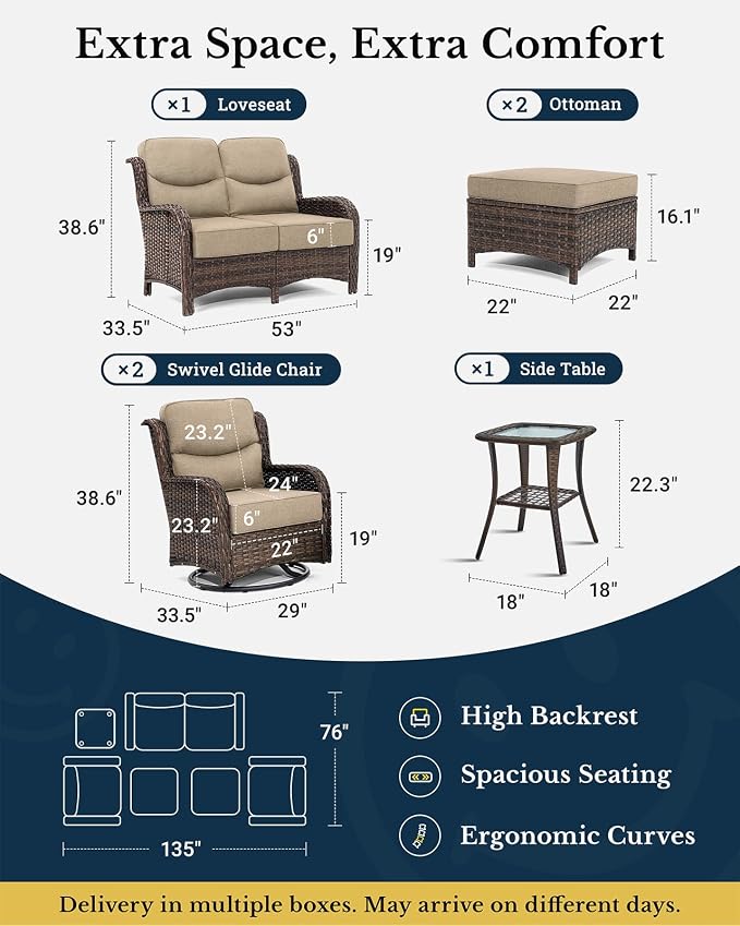 HILLGA 6-Piece Luxury Patio Furniture Set with 6" Thick Cushions, Weather-Resistant Wicker High Back Swivel Rocker Chairs, Senior-Friendly Outdoor Loveseat Set for Deck, Yard and Poolside, Beige(V2)