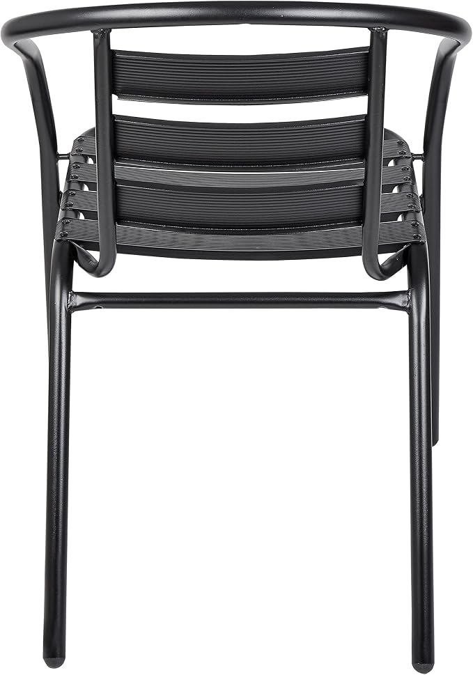 BTEXPERT Indoor Outdoor Restaurant Stainless Steel Aluminum Metal Slat Stack Commercial Lightweight, 3 Chairs with a 27.5" Square Table, Silver/Black