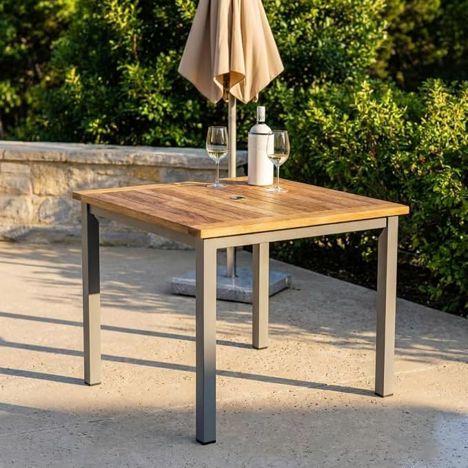 Hives & Honey Catalina Square Outdoor Dining Table, Grade-A Teak Wood Patio Table with Aluminum Base, 35.4", Seats 2–4, Grey