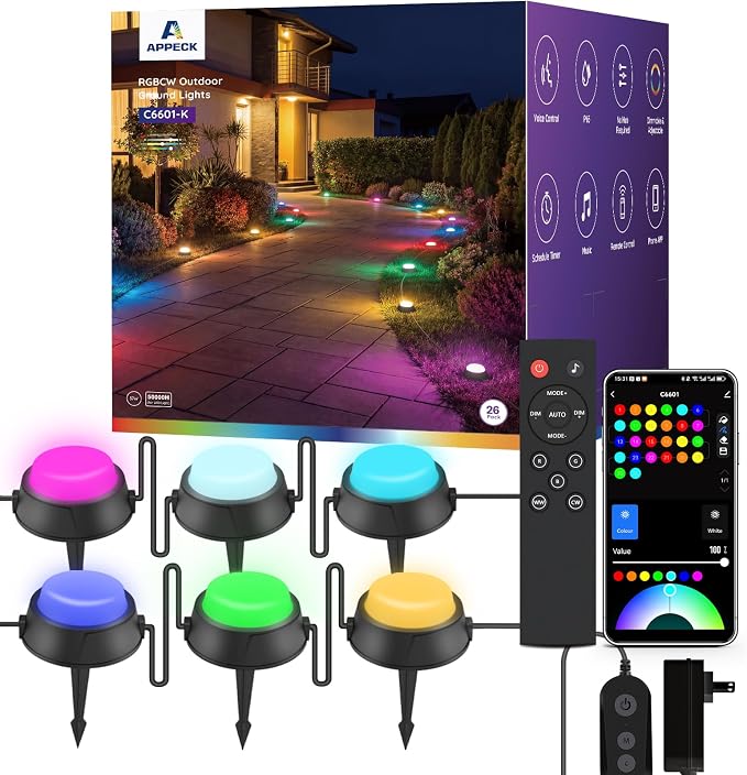 Outdoor Ground Lights 26 Pack, 58FT RGBCW Pathway Lights Wired | Tunable White Landscape Lights, DIY Scene Modes, IP65 Waterproof, for Path Yard Lawn Patio, Holiday Decor, App/Remote Control