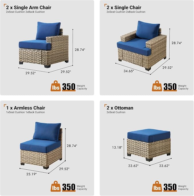 ovios 7 Piece Patio Sectional Furniture, Rattan Wicker Coversation Couch Set, Outdoor Sofa Set for Outside Porch Balcony Backyard Pool,Navy Blue