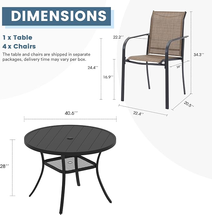 DIFY Outdoor Dining Set for 4, Patio Dining Furniture Set Includes 42" Black Round Table with Adjustable Umbrella Hole and 4 Brown Stackable Metal Chairs for Poolside, Garden, Backyard