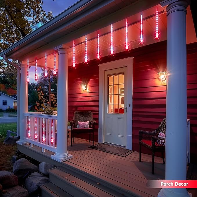 JMEXSUSS Red and White Solar Meteor Shower Rain Lights | 8 Tube 144 LED Solar Christmas Lights for Party Holiday Yard Patio Decorations