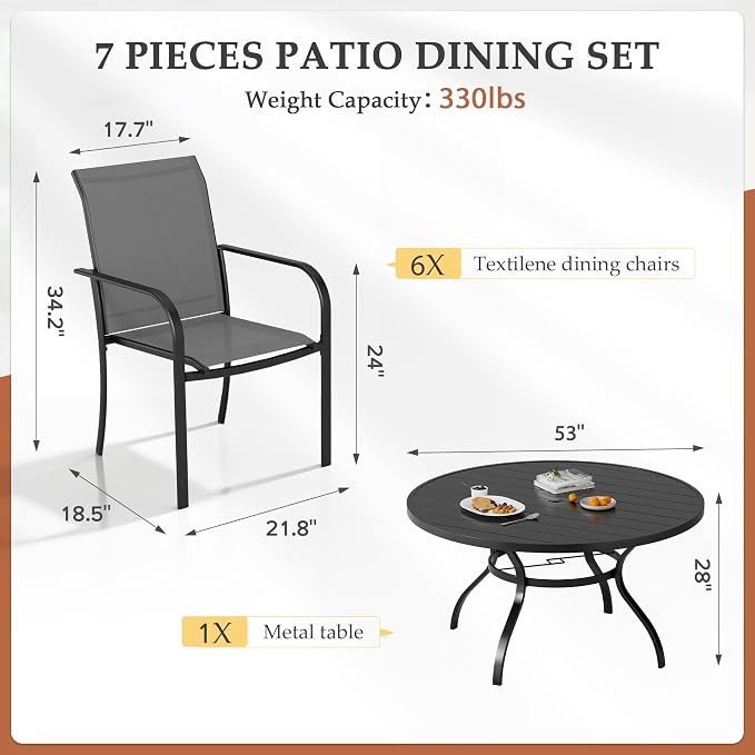 Incbruce 7 PCS Patio Dining Set, Outdoor Dining Set of 6 Textilene Chairs and 53" Round Table with Umbrella Hole for Backyard, Garden, and Poolside (Grey)