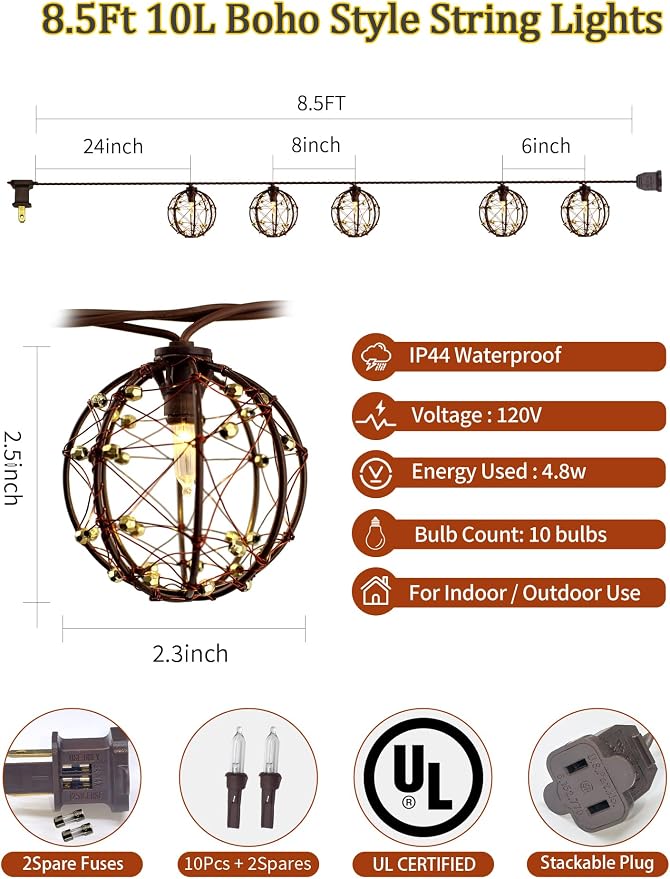 8.5Ft Outdoor Decor Patio Lights,10L Beaded Copper Wire Ball Lantern Lights | Connectable Weather-Resistant Indoor Outdoor Boho String Lights for Home Pergola Campings Porch Party Backyard