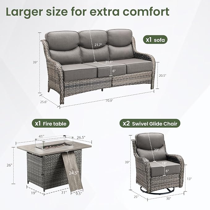 Luxury Patio Furniture Set with 6-inch Thick Cushion, Outdoor Furniture with Fire Pit Table, Swivel Chairs, Sofa, 4pcs Wicker Conversation Set for Deck Yard and Poolside(Grey Wicker/Grey Cushion)