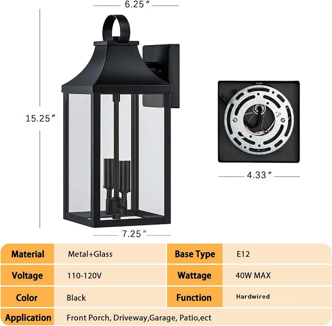15" Black Outdoor Wall Lantern 2-Light, Outside Wall Sconce Light | Industrial Porch Light Wall Mount with E12 Sockets, Waterproof Modern Exterior Lamp Lighting, Black (No Sensor)