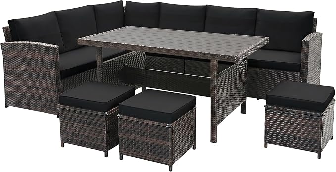 Tangkula 7 Pieces Wicker Patio Furniture Set, Wicker Conversation Set | Outdoor Sect with Coffee Table, Ottomans & White Cushions, Sectional Conversation Sofa Set for Porch, Poolside, Balcony, Yard