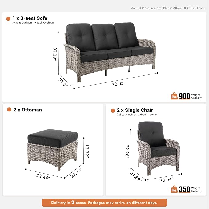 5-Piece Outdoor Patio Furniture Set,All Weather Wicker Rattan Patio Seating Sofa and Chair Set with Ottomans,Outdoor Conversation Sets with 3 Seater Couch for Porch Deck Yard,Black