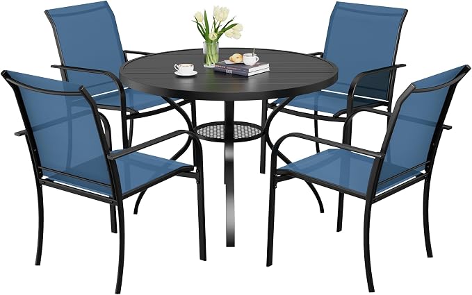 5-Piece Patio Dining Set,4 Person Outdoor Table and Chairs Set, 4 Metal Dining Chairs and Round Outdoor Table with 1.57" Umbrella Hole,Blue