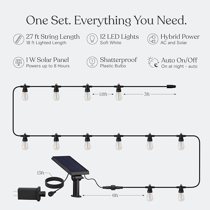Brightech Ambience Hybrid Outdoor String Lights - Dual Plug and Solar Powered Waterproof LED Light String for Outside - 27 Ft, Soft White Edison Bulbs, for Camping, Patio, Cafe, Yard, Porch