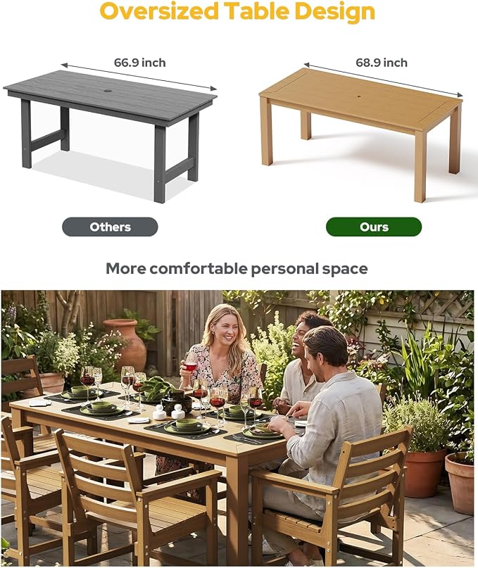 Outdoor HDPE Dining Table Set 7-Piece, All-Weather Outdoor Table and Chairs with Umbrella Hole Cut-Out, Patio Furniture for Garden, Backyard, Deck (Teak)