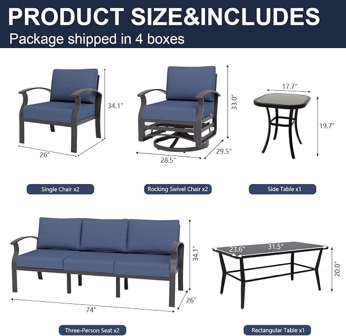 Kurapika Aluminum Patio Furniture Set 10-Seat Modern Metal Outdoor Conversation Sets w/Swivel Rocking Chairs Patio Sectional Sofa w/5.1 Inch Cushion with Rectangular Coffee Table, Navy Blue