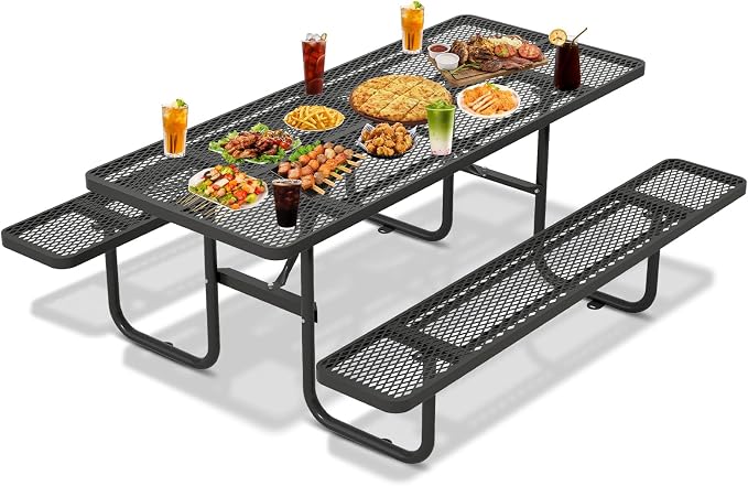 72'' Rectangular Steel Picnic Table for Outdoors,Commercial Metal Picnic Table with Umbrella Hole, Heavy Duty Sturdy Picnic Tables Furniture Set for Patio Garden Courtyard BBQ, Black
