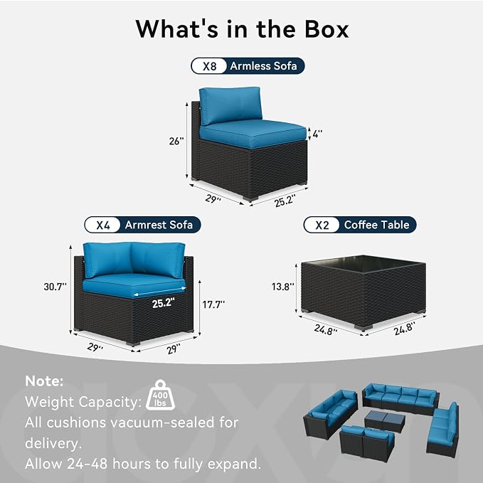 LazySunsets 14 Piece Outdoor Patio Furniture Set with Coffee Table, Outdoor Patio Furniture Set with 4'' Thicken Cushion, Wicker Rattan Outdoor Conversation Set for Backyard & Garden, Peacock Blue