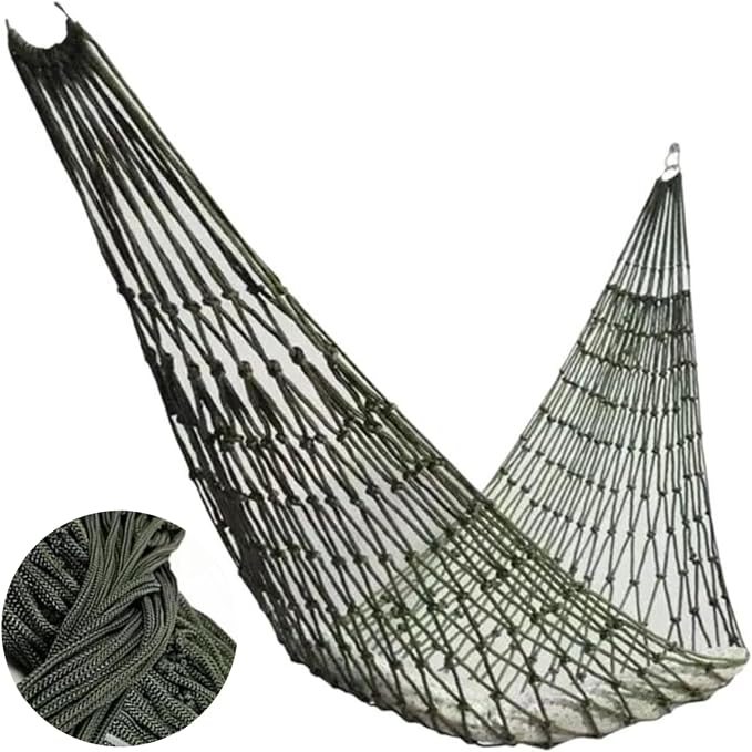Outdoor Travel Camping Sport Hammock, Outdoor Sport Hammock Net Mesh Nylon Rope Sleeping Bed Swing with Hooks for Garden Beach Yard Travel (Army Green)