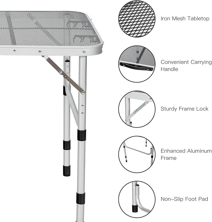 Giantex 3FT Portable Camping Table, Aluminum Picnic Table W/Iron Mesh Tabletop, 4 Adjustable Heights, Lightweight Folding Table for Outdoor Grill Cooking Picnic Camping Party BBQ