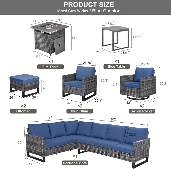 Patio Sectional Furniture Set with Fire Pit Table: 10 Pieces Wicker Patio Conversation Set with L Shaped Sofa, Outdoor Swivel Glider Rocker, Rattan Club Chairs, Ottomans, Removable Cushions Blue