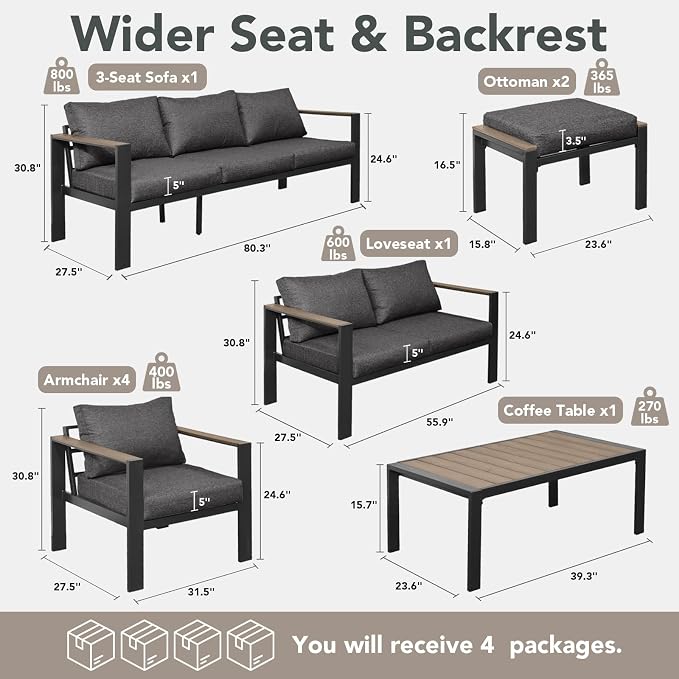 Outdoor Patio Furniture Set 9 Pieces Luxury Aluminum Patio Conversation Set with Coffee Table and 2 Ottoman 11 Seats, Thick Cushions, Large Sectional Sofa for Porch, Balcony, Yard, Dark Gray