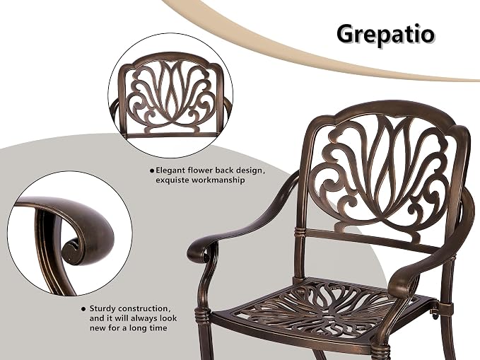 Grepatio 7 Piece Cast Aluminum Patio Dining Set, Outdoor Dining Furniture Set, Patio Table with Umbrella Hole and 6 Dining Chairs Set for Poolside Garden (Without Cushions)