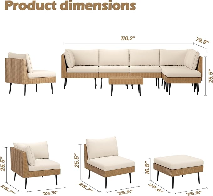 Vikiullf 8 Pieces Patio Conversation Set, Wicker Patio Furniture Set, Outdoor Sectional Sofa with Coffee Table, for Backyard Poolside Deck Patio, 4" Cushions & Modern Design