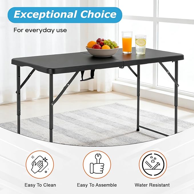 34" Folding Card Table, Heavy Duty HDPE Square Table, Fold-in-Half Portable Design with Carry Handle, Indoor Outdoor Utility Dining Table for Picnic, Camping, 330 lbs (Black, 4FT)