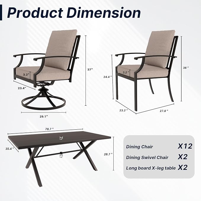 16 PCS Outdoor Patio Dining Set,Patio Table and Chairs Metal Outdoor Patio Furniture Set with Umbrella Hole,Dining Table Set with Swivel Chairs for Deck,Backyard and Garden,Brown