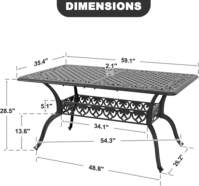 NUU GARDEN 60" Outdoor Dining Table with 2.09" Umbrella Hole, All Weather Cast Aluminum Outdoor Patio Table, 6-8 Person Rectangle Dining Table, Backyard Bistro Table for Garden, Poolside, Black