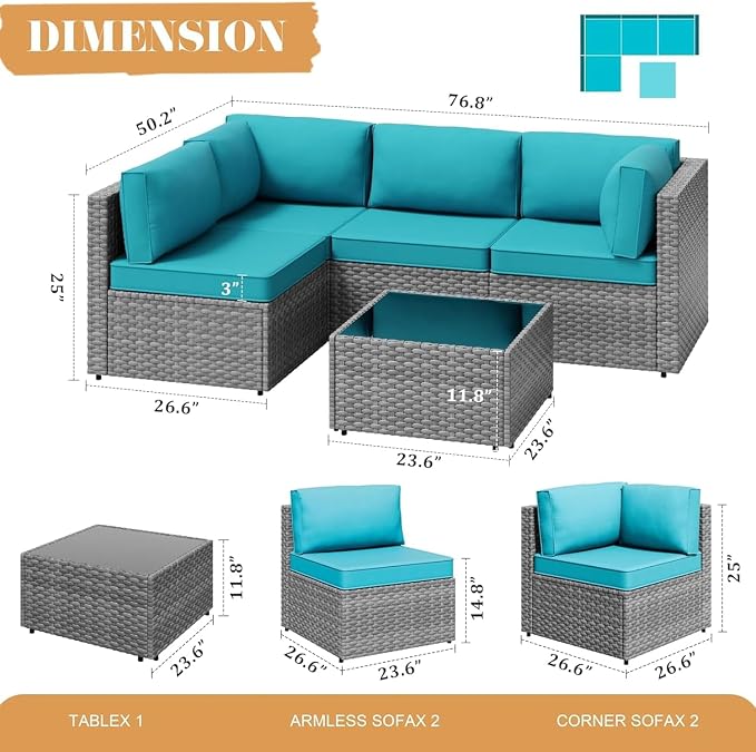 JAMFLY 5-Piece Patio Furniture Set, All-Weather Wicker Outdoor Sectional Sofa with Soft Cushions, Modular Conversation Set for Backyard, Deck, Garden & Poolside(Blue Cushion)