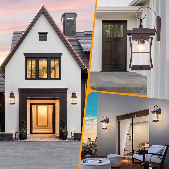 2 Pk Oil Rubbed Bronze Outdoor Sconces Light with Dusk to Dawn Sensor Photocell Exterior Porch Lanterns Outside Wall Lamps Waterproof Brown Metal with Seeded Glass Coach Light Fixtures for House