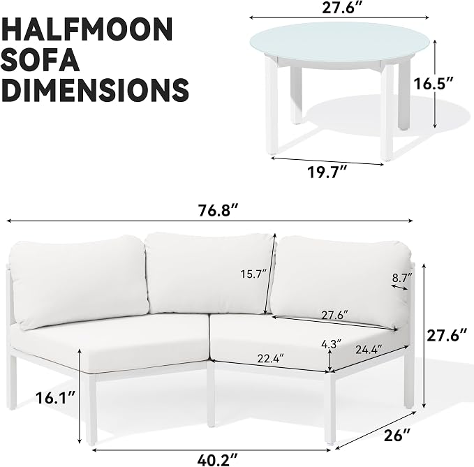 Crestlive Curved Patio Furniture Set, Modular Half Moon 6-Seater Sofa with Round Coffee Table, Aluminum Outdoor Sectional with 4.3" Cushions, All-Weather Couch for Backyard, Deck, Porch, Poolside