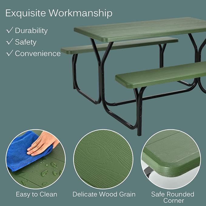 LDAILY Picnic Tables, Rectangular Picnic Table with Steel Frame, 2 Benches Set, HDPE Tabletop, Plastic Picnic Table for Outdoor, Camping, Patio, Lawn, Yard, Picnic Parties (Green)