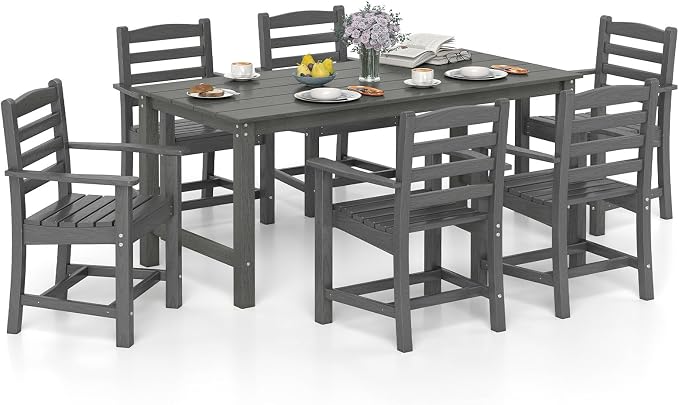 Tangkula 7 Pcs Outdoor Dining Table Set for 6, 67” HDPE Weather-Resistant Patio Rectangle Table & 6 Armchairs w/Curved Seat, Umbrella Hole, Wood Grain, Plastic Dining Furniture (Gray, 7 Pcs)