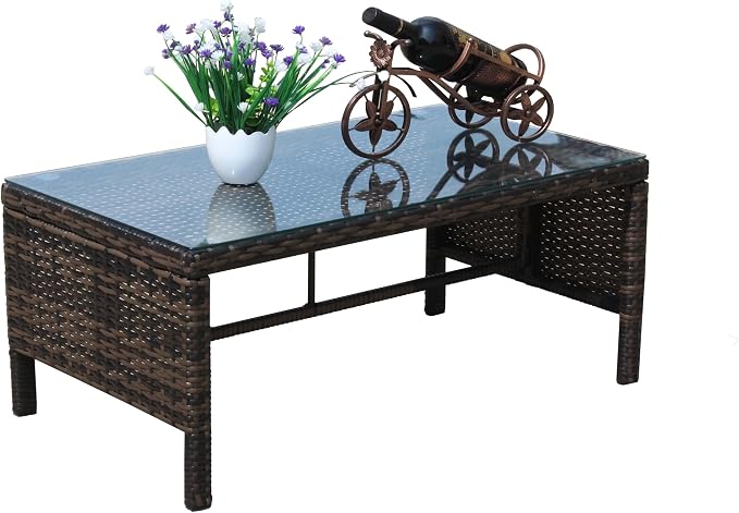 Rattan Wicker Side Table Glass Coffee Table for Outdoor Backyard Lawn Balcony Pool RectangleTempered Glass Top Wicker Rattan End Table Furniture with Storage (Brown3)