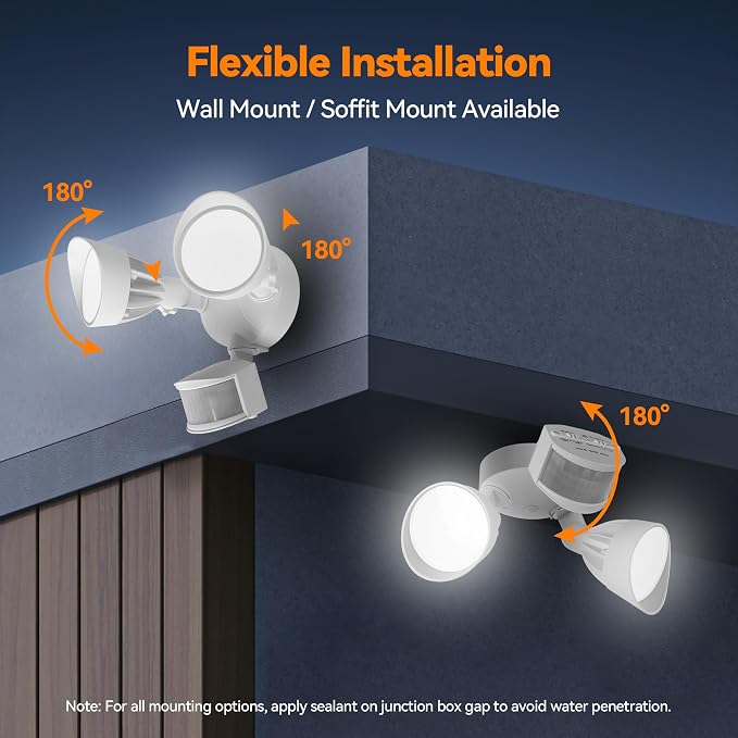 45W 5500LM PIR Motion Sensor Outdoor Lights, Dual Head LED Flood Light, 5000K Daylight, IP65 Waterproof Hardwired Dusk to Dawn Motion Detector Security Light for Outside Garage Yard (White)