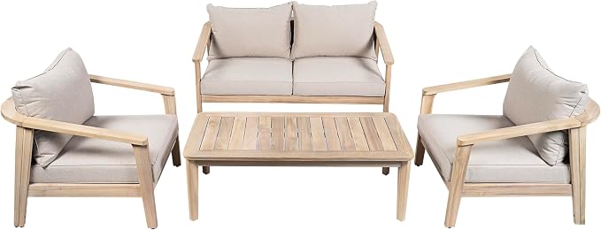 Merax 4 Piece Outdoor Wood and Wicker Chat Set, Light White Finish with Beige Cushion