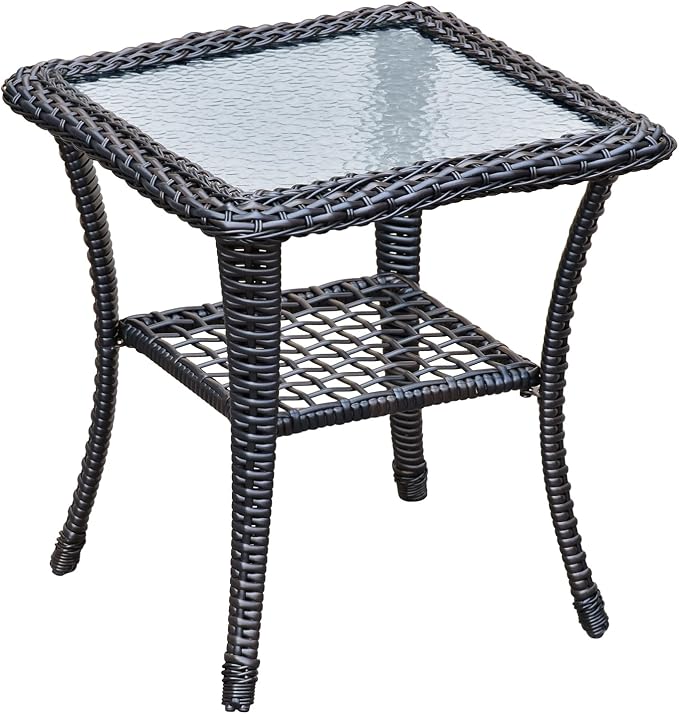 ATR ART TO REAL Outdoor Side Table, Indoor Outdoor Tempered Glass Top Wicker Coffee Bistro Table, All-Weather Patio Square Storage End Table, Steel Frame, 20''x 20''x20''