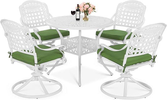 MEETWARM 5-Piece Outdoor Patio Dining Set, All-Weather Cast Aluminum Patio Conversation Set with 4 Cushions Swivel Rocker Chairs for Backyard Garden Deck and 35.4" Round Table, White
