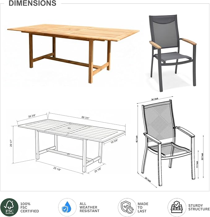 Urban Elements Mykonos 9-Piece Rectangular Patio Furniture Set | 100% Certified Teak | Backyard Furniture, Outside Table and Chairs, Rectangular Outdoor Dining Set