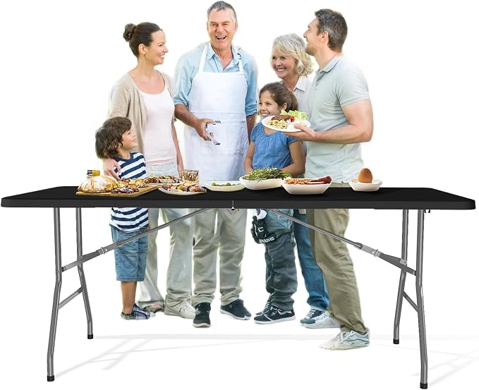6FT Folding Table, Heavy Duty 440LBS Capacity Portable Plastic Picnic Table, Foldable Dining Tables with Carrying Handle for Party, Wedding, Camping, Events, Indoor or Outdoor Use, Black