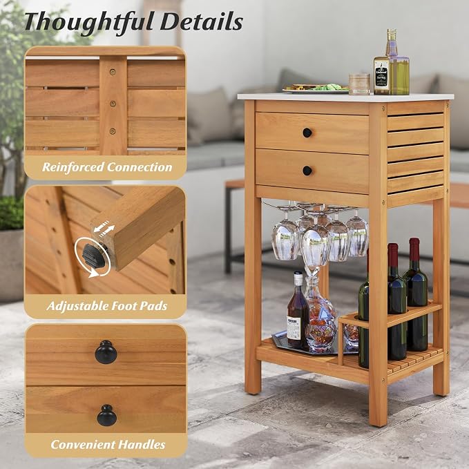 Goplus Outdoor Side Table, Acacia Wood Bar Table w/Marble-Like Countertop, 2 Storage Drawers, Bottom Shelf, Glass & Wine Holders, Small Buffet Sideboard for Patio, Backyard, Garden, Deck Corner