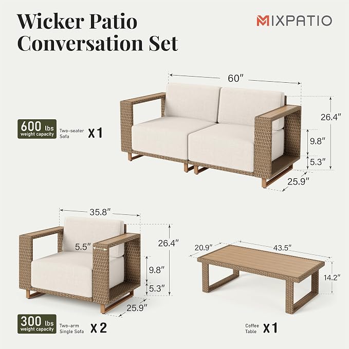MIXPATIO Patio Furniture Set, 4 Piece Outdoor Wicker Sofa Couch, Deep Seating Yellow Rattan Conversation Sets with 10-inch Thick Cushions, Low Profile Deck Backyard Lawn Furniture